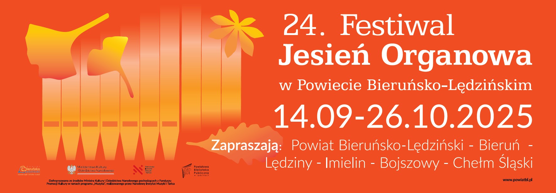 Plakat informacyjny w kolorze pomarańczowym. Z lewej strony żółte piszczałki organowe z prawej strony informacje o festiwalu